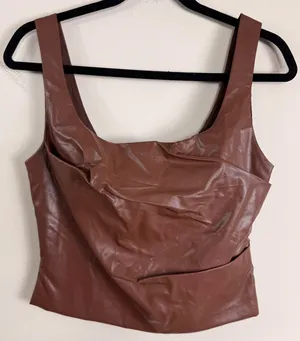 NIA Anthropologie Brown Faux Leather Draped Corset Top Square Medium NEW thumbnail 1
