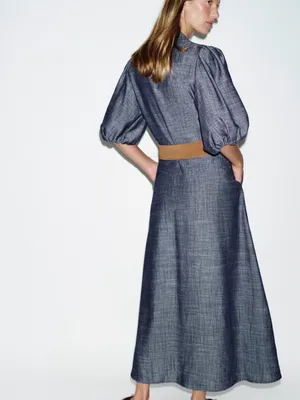ZARA Blue Puff-Sleeve Maxi Shirt Dress with Belt thumbnail 6