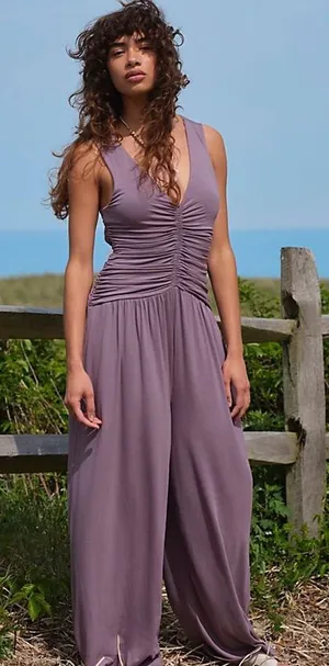 Free People Kit Open-Back One-Piece Sleeveless Ruched V-Neck Wide-Leg Jumpsuit L thumbnail 1