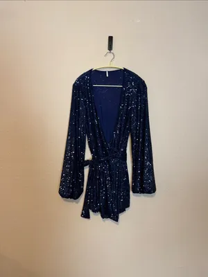 Free People Christa Long Sleeve‎ Sequin Romper Navy Blue Size XS thumbnail 4