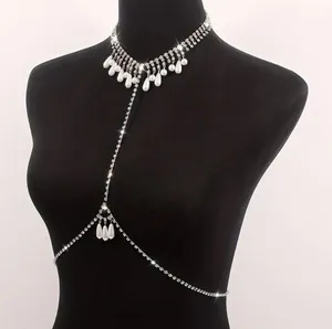 Faux Pearl Tassel Pendant Body Chain Full Of Shiny Rhinestone Body Chain Jewelry thumbnail 7