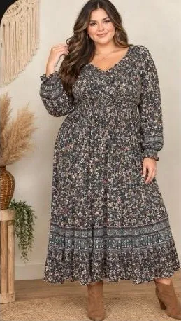 Knox Rose Floral Boho Long Sleeve Smocked Midi Dress - Size Large thumbnail 1