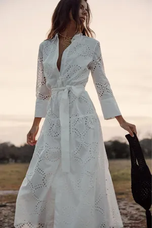 ZARA white lace long sleeve maxi dress with waist belt boho summer vacation thumbnail 5