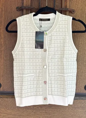 Mango Greenish Cream Tweed Sleeveless Button Cardigan Size XS thumbnail 1