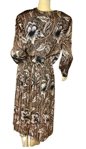 Vintage 1980'S Alexis Fashions Brown & Black Floral Print (L) thumbnail 1