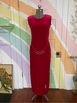 Vintage Giorgio Fiorlini Red Velvet Maxi Dress Silver Waist Detail Sz 5/6 💚🎀 thumbnail 3