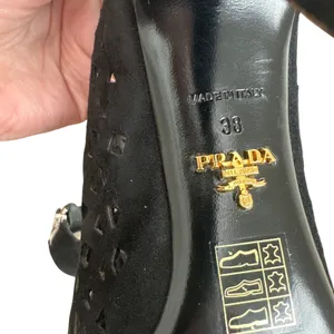Prada Black Suede Laser Cut Peep Toe Ankle Booties Italy EU 38 US 7.5-8 thumbnail 9
