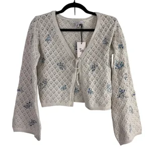 Sincerely‎ Jules Floral Embroidered Pointelle Knit Tie Front Cardigan Cream M thumbnail 1