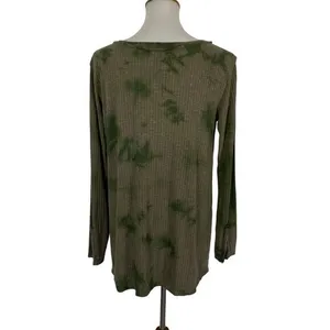 POL Womens Tie Dye Henley Top Brown Green Ribbed Long Sleeve Boho BWT686 Small thumbnail 4