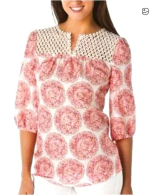 Calypso St Barth Target 100% Silk Blouse Size M Medallion Print Crochet Top thumbnail 1