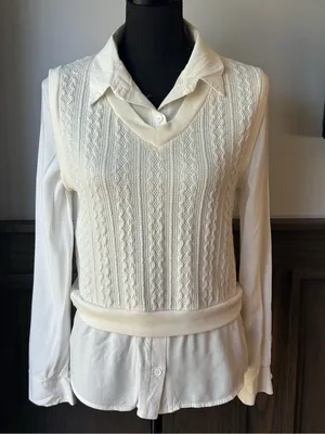 Women's Cream Cable Knit V-Neck Sweater Vest top medium thumbnail 1