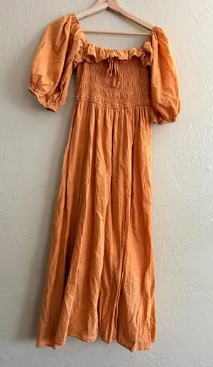 Smocked Square-Neck Maxi Dress with Puff Sleeves in Orange thumbnail 1