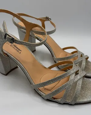 Badgley Mischka American Glamour Silver Glitter Block Heel Sandals Womens 10 thumbnail 1