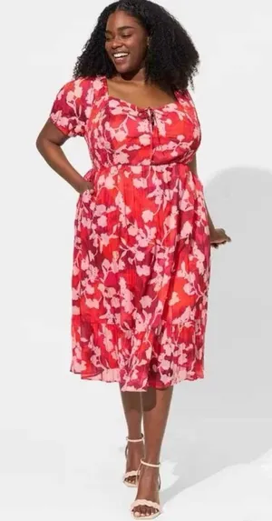 Torrid Floral Crinkle Fabric Tiered Puff Sleeve Smocked Midi Dress Red‎ Pink 12 thumbnail 1