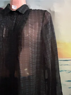 American Eagle Women’s Sheer Black Plaid Button-Up Blouse SM thumbnail 3