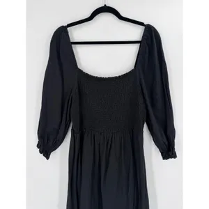 New‎ Look Curves Midi Dress Womens 14 Black Smocked Linen Blend Cottagecore Boho thumbnail 4