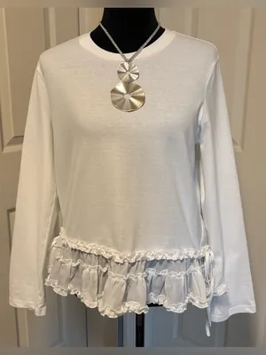 NWT Fate White Boutique T-Shirt Top Ruffled Sheer Hem Side-tie Ribbon Details thumbnail 1
