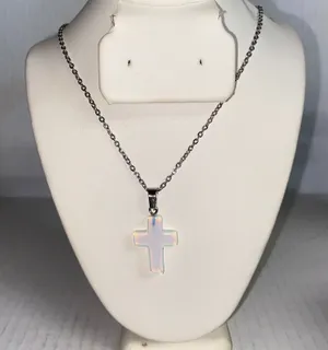 Women's Faux Iridescent Opal Cross Silver-Tone Fashion Necklace thumbnail 1