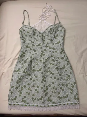 Green Floral Jacquard Halter Dress with Lace Hem thumbnail 2