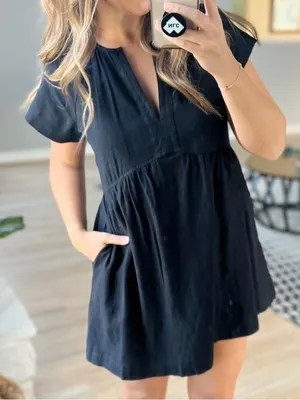 Universal Thread Black Linen Short Sleeve V-Neck Babydoll Dress with pockets thumbnail 1