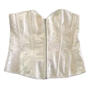 White Satin Zip Up Corset Sz XL Boning Printed Lace Up Ribbon Back Waist Nipper thumbnail 1