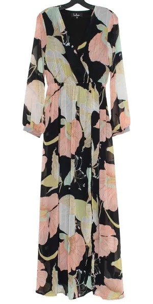 Lulus Maxi Dress Floral Boho Wedding Guest Resort Vacation Flowy Spring Black M thumbnail 1