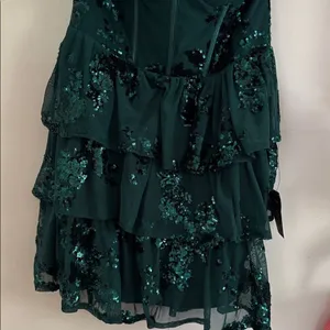 Lulus Definite Glamour Emerald Mesh Sequin Bustier Tiered Mini Dress NWT thumbnail 5