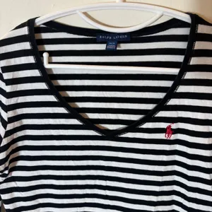 Ralph Lauren Navy White Striped V-Neck Long Sleeve‎ Cotton Tee Shirt Size Medium thumbnail 3