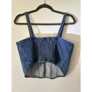 No Boundaries Womens Denim Bustier Crop Top‎ Medium Wash Blue Smocked Back M 7-9 thumbnail 3