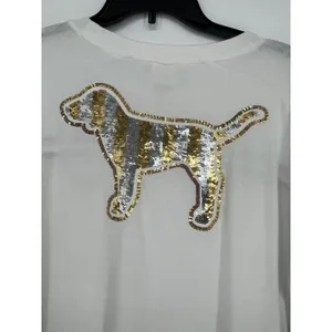 PINK - Victoria's Secret Gold Sequin Dog Campus Oversized‎ Tee Women XS White Black thumbnail 5