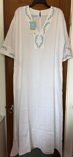 Andie x Fanm Mon Kepez Maxi LINEN Kaftan Dress Blue Floral Embroidery NWT MED thumbnail 1