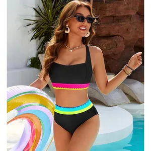 NWT Blooming Jelly High Waisted Bikini Set Tummy Control Neon Color Block Large thumbnail 2