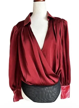 Skylar Rose Size Small Bodysuit Maroon Long Sleeve Faux Leather Collar | 61-38 thumbnail 1