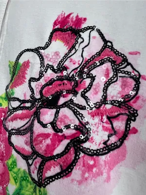 Floral sequin Button-Up Jacket White Pink & Green Flowers pockets L Stained thumbnail 9