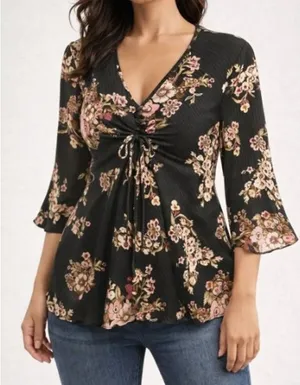 Fashion Bug Vintage 90s Floral Babydoll Top L Cinched Bust Y2K Romantic Fairy Grunge Blouse thumbnail 1