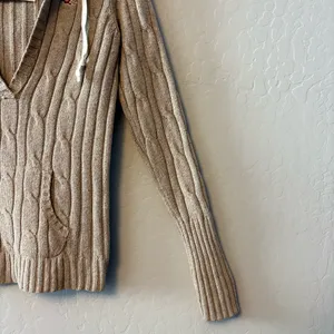 Hollister Y2K beige cable knit hooded deep v-neck rabbit hair sweater large thumbnail 9