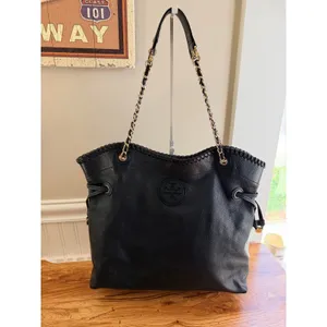 Tory Burch Marion Slouchy Whipstitch Tote Black Pebbled Leather Large thumbnail 3