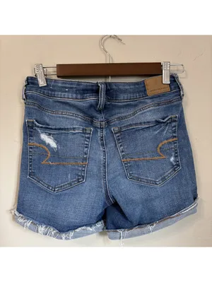 American Eagle Super Stretch Midi Denim Shorts Womens 2 Distressed Cuffed Hem thumbnail 2