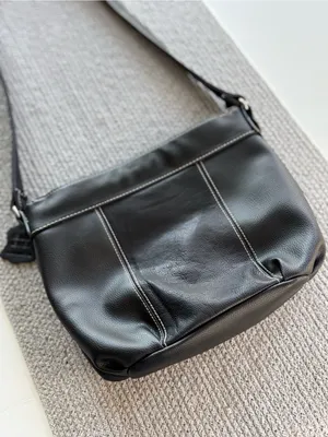 Vintage Black Leather Contrast Stitching Shoulder Bag Purse thumbnail 4
