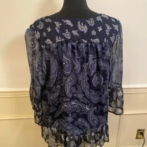 Boho Chic Blue Paisley Peasant Blouse with Tie Front Flounce Sleeve Top thumbnail 3
