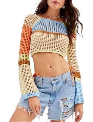 Urban Outfitters Chloe Color Block Cropped Open Knit Crochet Sweater Size Small thumbnail 1