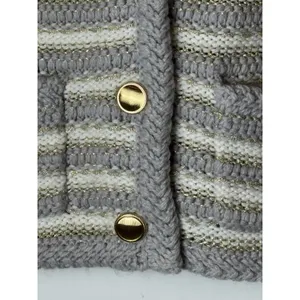 Ann Taylor Sweater Women Small‎ Petite Gray Ivory Striped Metallic Knit Cardigan thumbnail 7