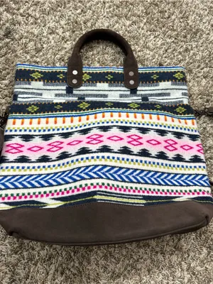 Pendleton Brown Suede Messenger Tote with Multicolor Patterned Pocket and back thumbnail 10