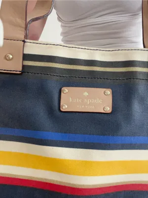 kate spade Navy Multi-Stripe Canvas Tote with Tan Handles thumbnail 7