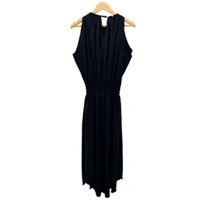 SheBird Emma Black Satin Knit Bateau Neck Built‎ In Bra Midi Dress Smocked M L thumbnail 3