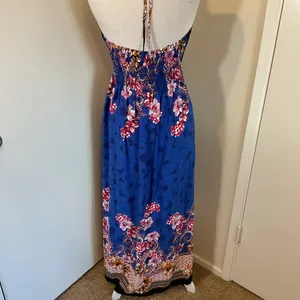 NWT La La Muse Blue Black Floral Strapless Halter Maxi Dress Size XL Boho Chic thumbnail 6