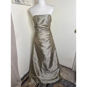 VTG AMSALE Gold Strapless Satin Gown Ruched Bodice Formal Evening Dress Sz 8 Y2K thumbnail 2