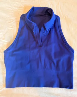 Athleta Ribbed High Neck Collared Longline Sports Bra Tank Blue Size M thumbnail 1