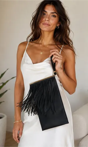 Ethele & Myrtle Inc Black Fringe Wristlet Clutch Boho Festival Y2K Gold Hardware thumbnail 1