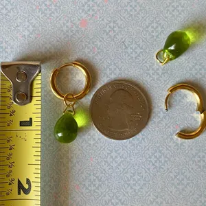 Handmade olive color teardrop Czech glass simple minimalist hoop earrings💚🫒💕 thumbnail 6